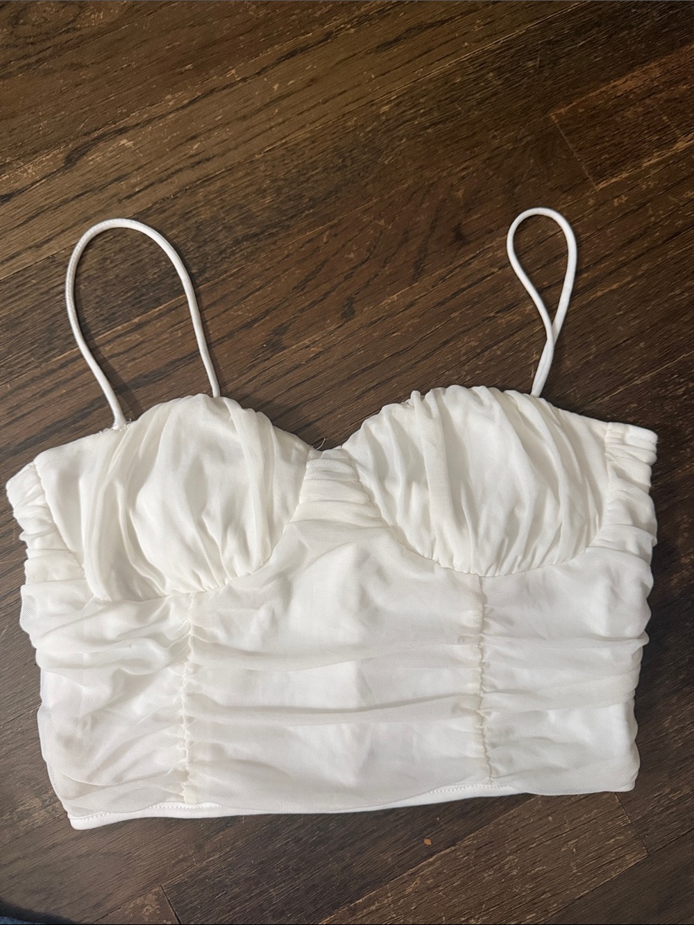 White Ruched Bustier Crop Top with Spaghetti Straps